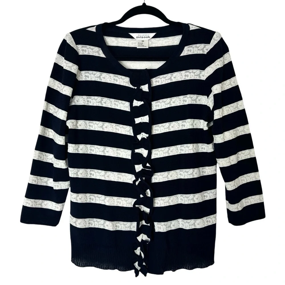 Exclusively Misook Striped Ruffled Cardigan Sweater Women XS Blue White Designer